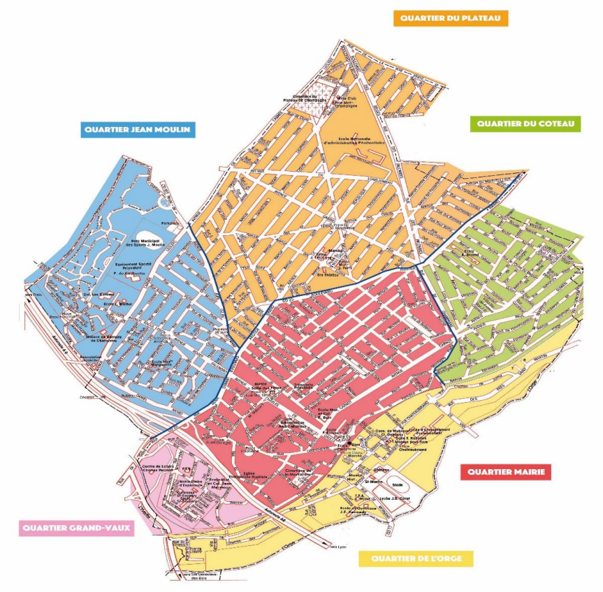Carte des quartiers de Savigny-sur-Orge : Plateau, Jean-Moulin, Les Plantes, Mairie, Coteau, Grand-Vaux, Orge